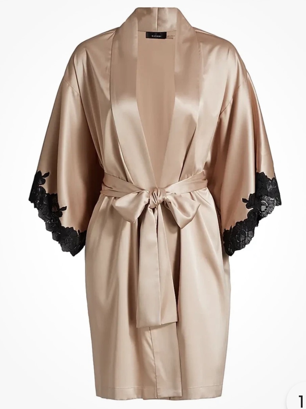 NEW Natori Satin Kimono Robe in Champagne with Black Lace Trim